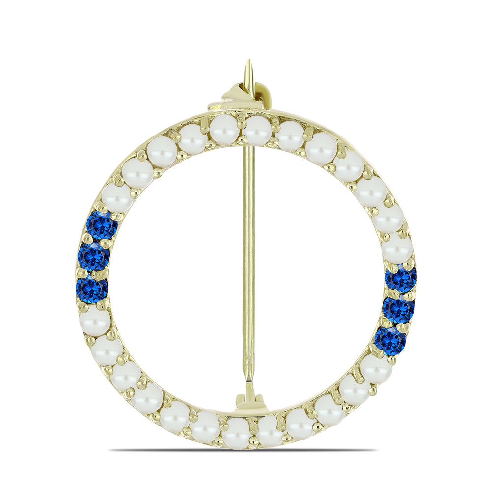 Broche de Plata Bañada en Oro con Perla blanca de agua dulce y Zafiro Azul Australiano