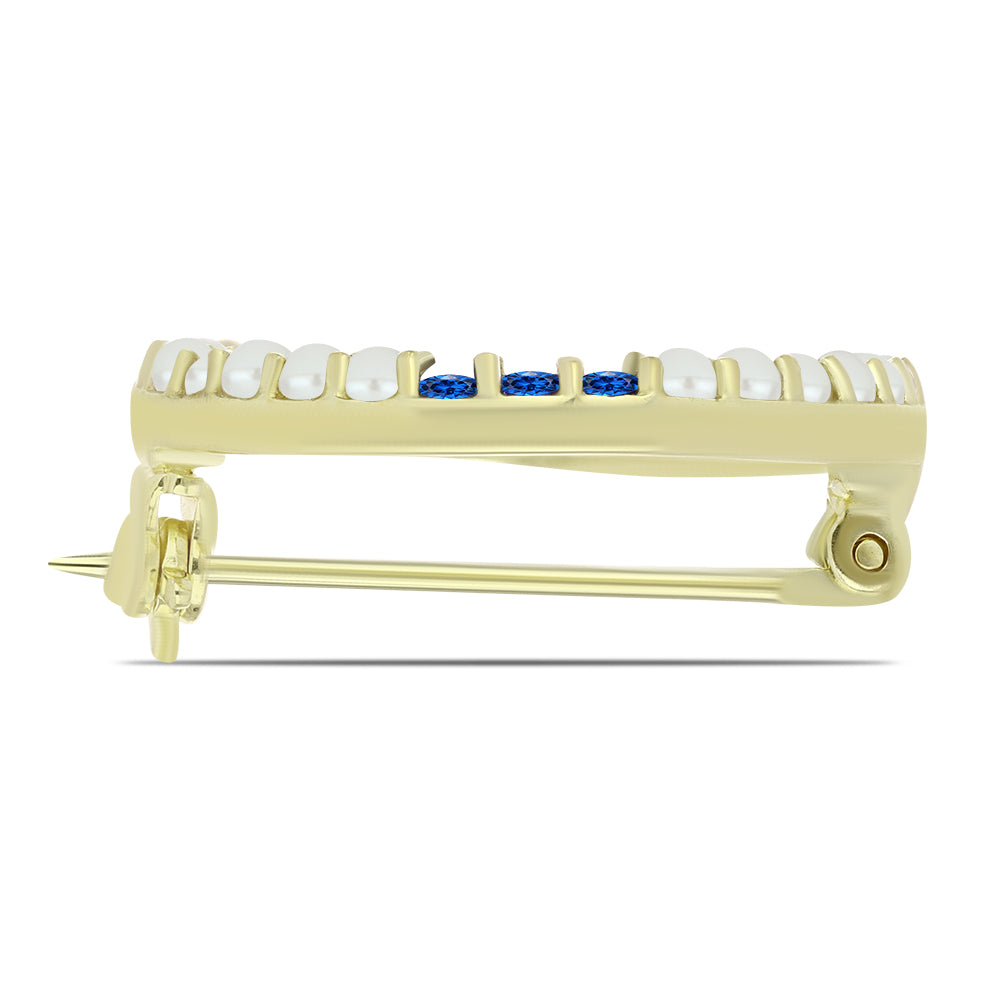 Broche de Plata Bañada en Oro con Perla blanca de agua dulce y Zafiro Azul Australiano 2 