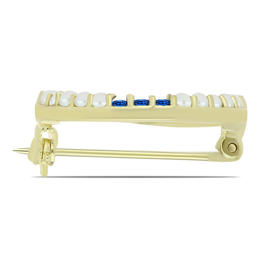 Broche de Plata Bañada en Oro con Perla blanca de agua dulce y Zafiro Azul Australiano