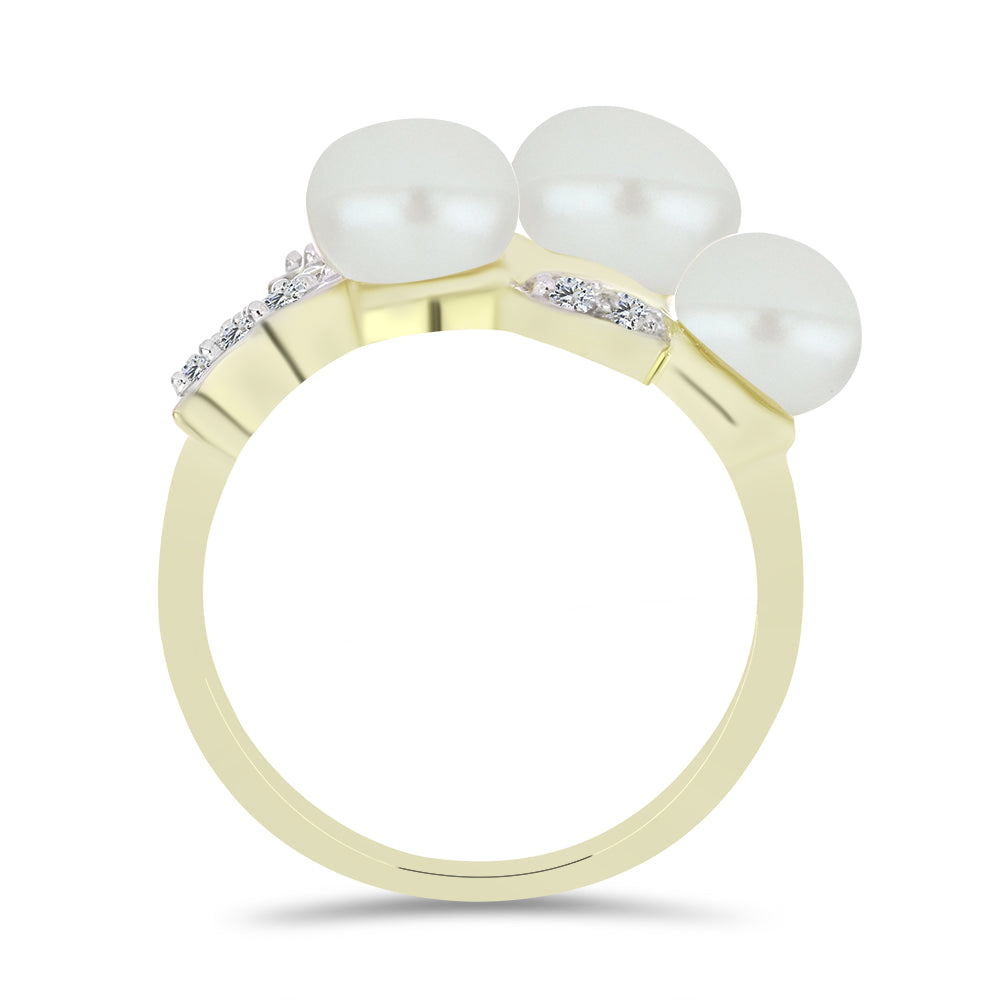 Anillo de Plata Bañada en Oro con Perla blanca de agua dulce y Topacio Blanco 2 