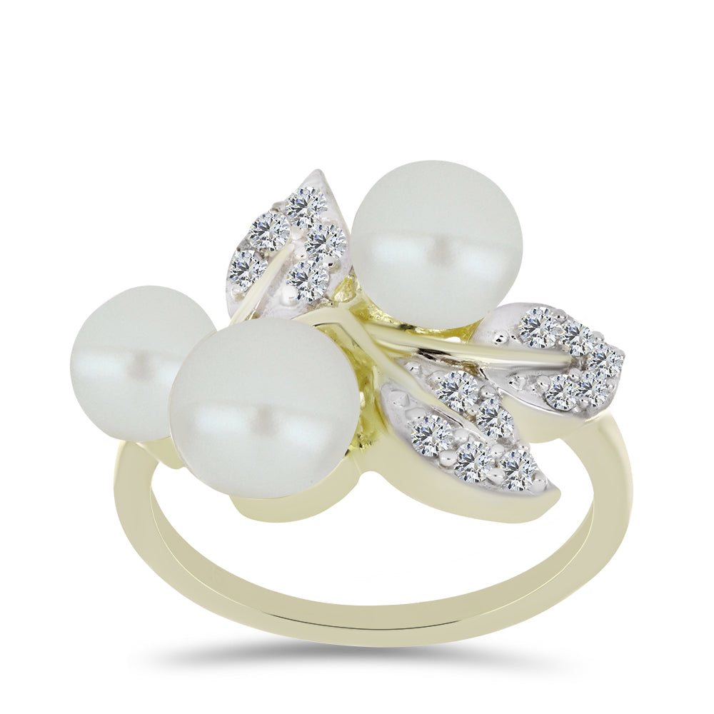 Anillo de Plata Bañada en Oro con Perla blanca de agua dulce y Topacio Blanco 3 