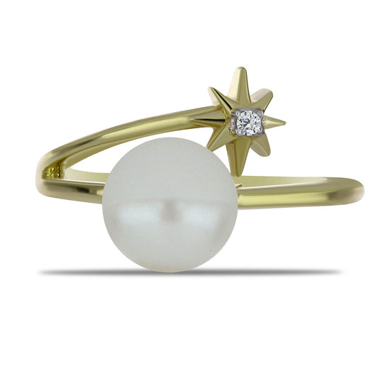 Anillo de Plata Bañada en Oro con Perla blanca de agua dulce y Topacio Blanco