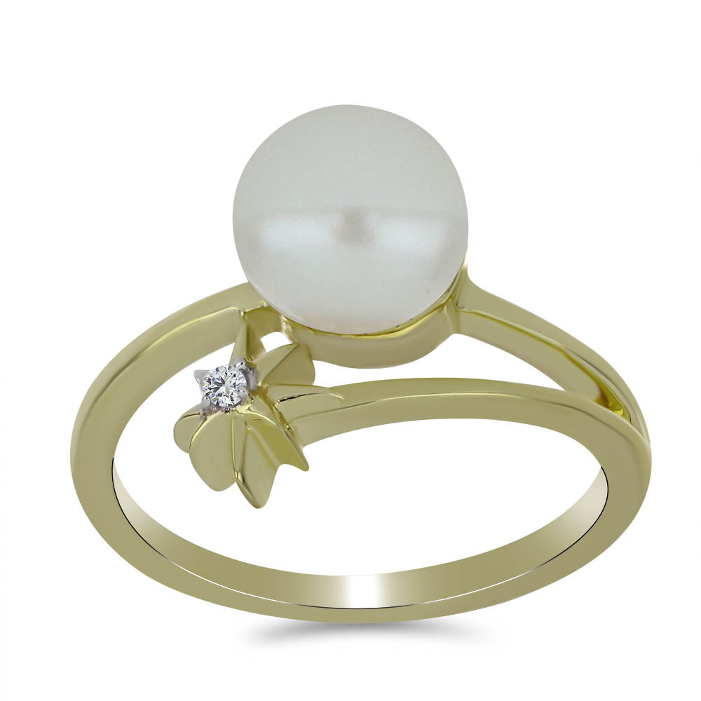 Anillo de Plata Bañada en Oro con Perla blanca de agua dulce y Topacio Blanco 3 