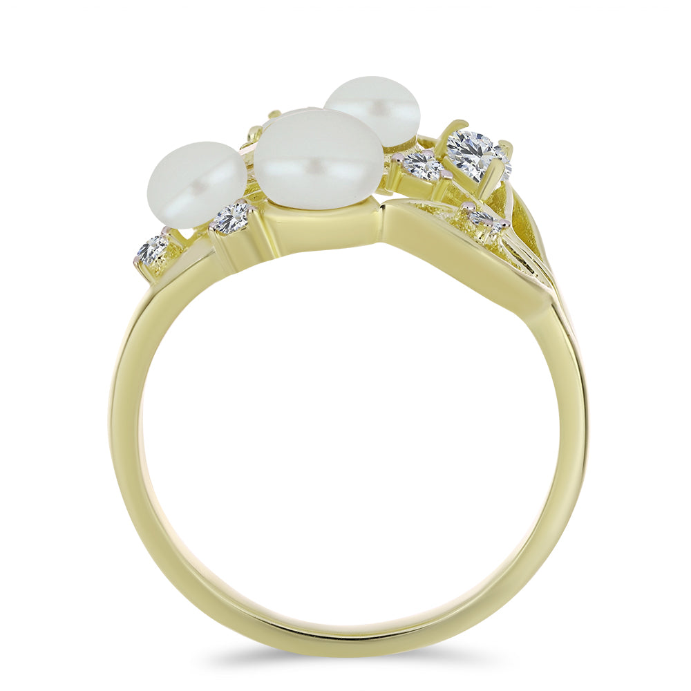Anillo de Plata Bañada en Oro con Perla blanca de agua dulce y Topacio Blanco 2 