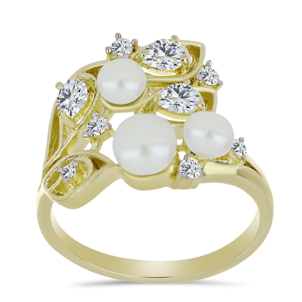 Anillo de Plata Bañada en Oro con Perla blanca de agua dulce y Topacio Blanco 3 