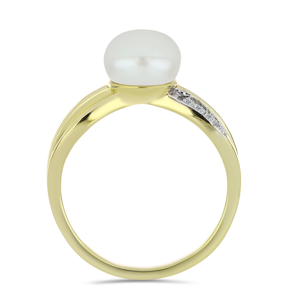 Anillo de Plata Bañada en Oro con Perla blanca de agua dulce y Topacio Blanco 2 