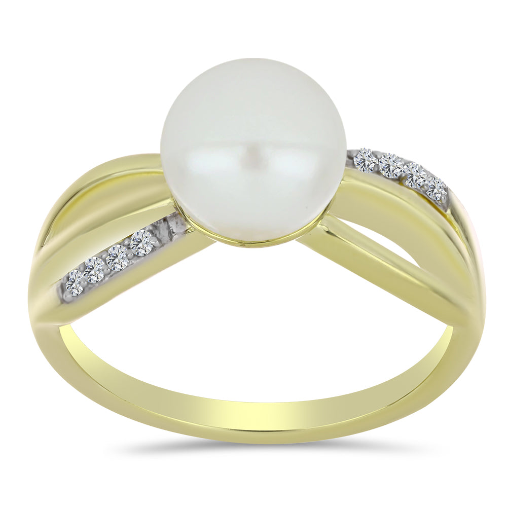 Anillo de Plata Bañada en Oro con Perla blanca de agua dulce y Topacio Blanco 3 