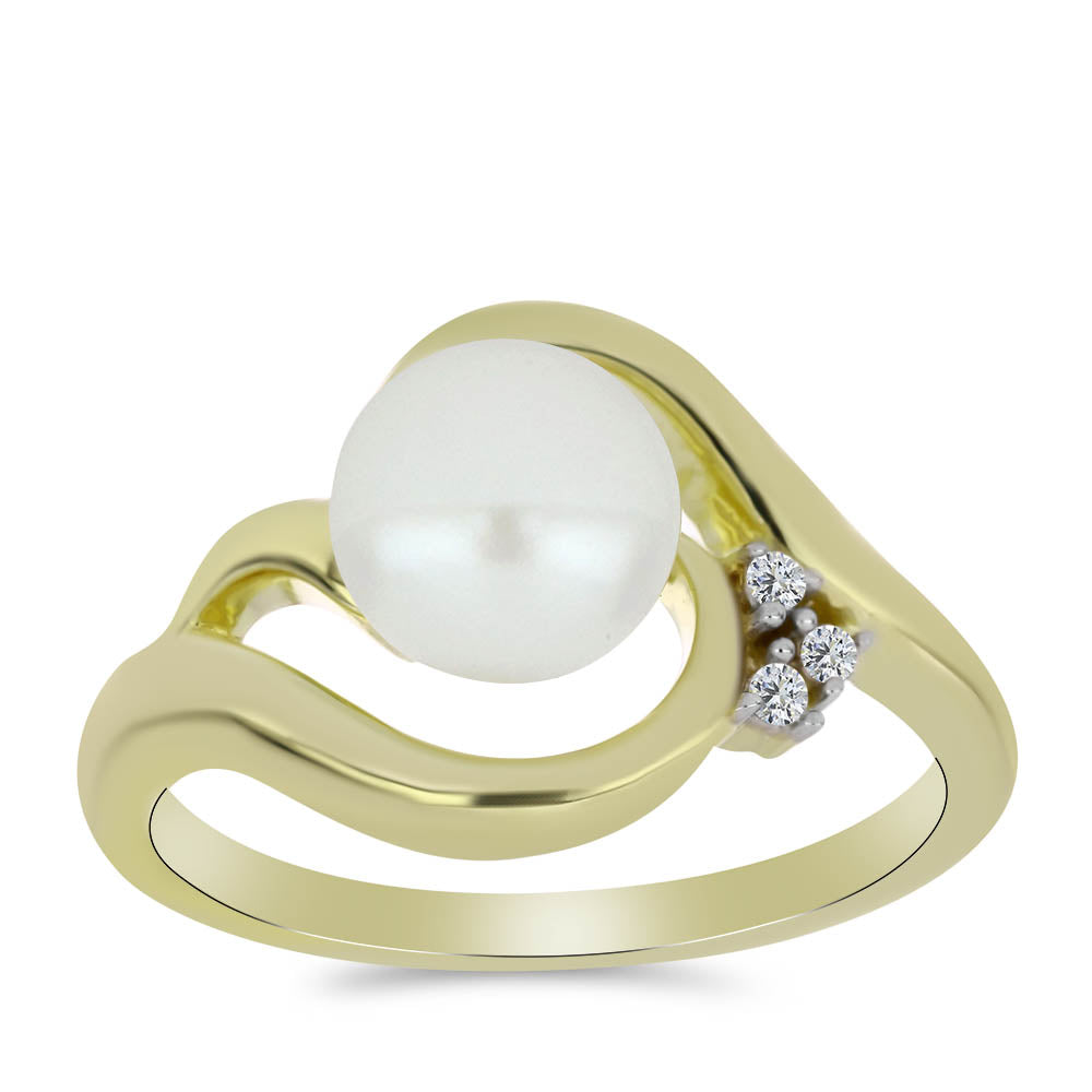 Anillo de Plata Bañada en Oro con Perla blanca de agua dulce y Topacio Blanco 3 