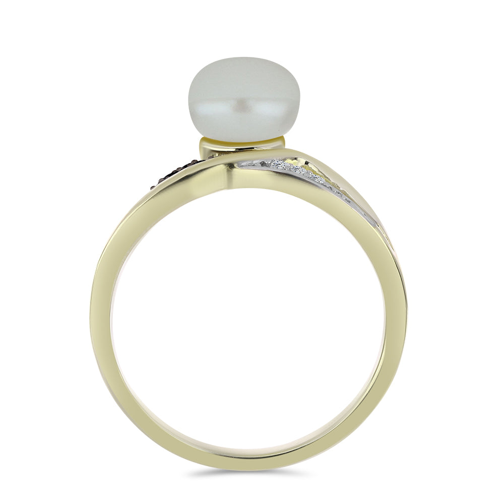 Anillo de Plata Bañada en Oro con Perla blanca de agua dulce y Espinela Negra 2 