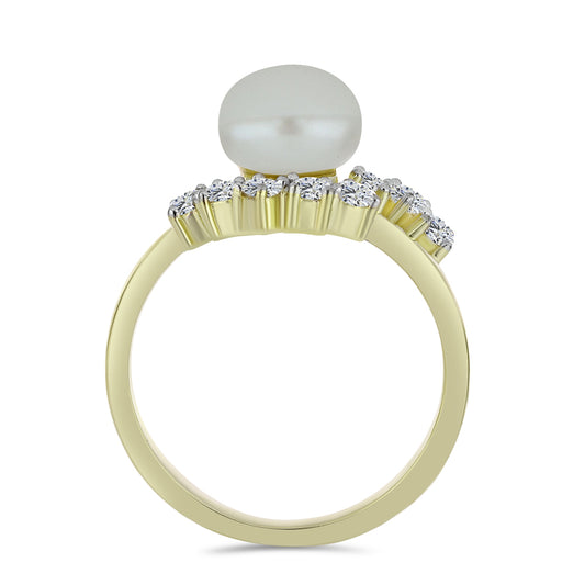Anillo de Plata Bañada en Oro con Perla blanca de agua dulce y Topacio Blanco