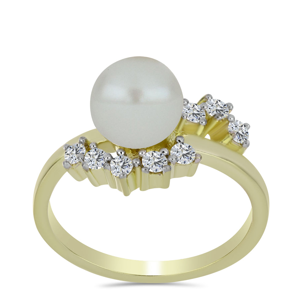 Anillo de Plata Bañada en Oro con Perla blanca de agua dulce y Topacio Blanco 3 