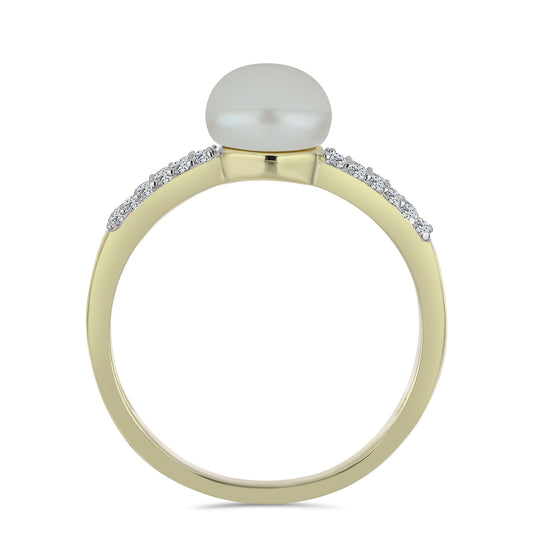 Anillo de Plata Bañada en Oro con Perla blanca de agua dulce y Topacio Blanco
