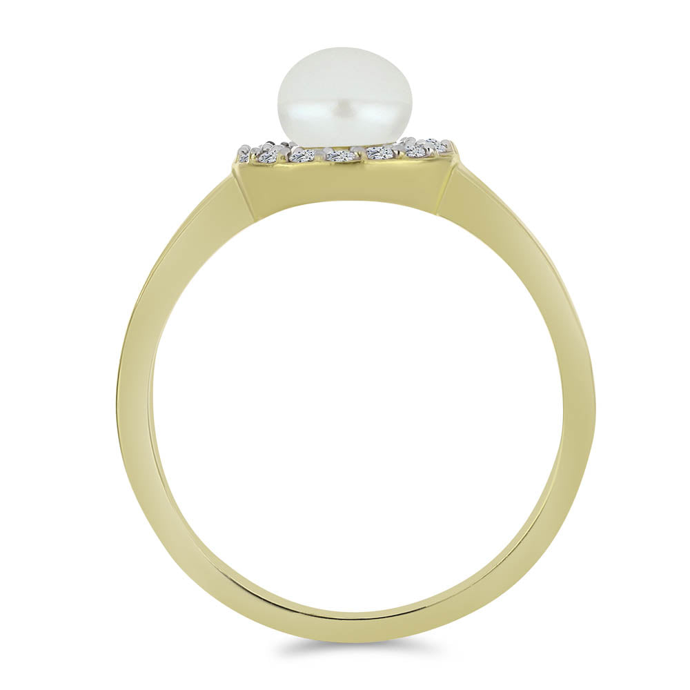 Anillo de Plata Bañada en Oro con Perla blanca de agua dulce y Topacio Blanco 2 