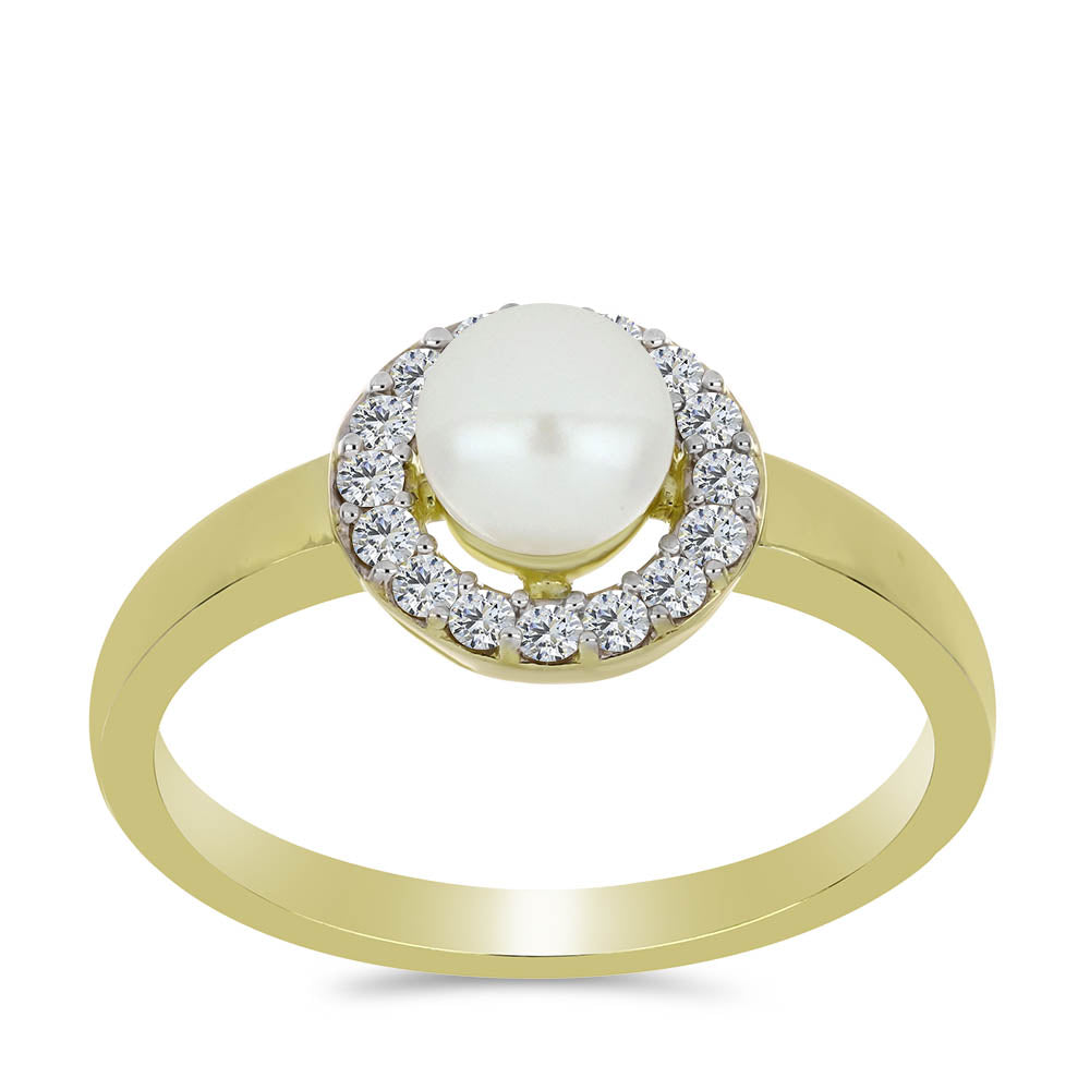 Anillo de Plata Bañada en Oro con Perla blanca de agua dulce y Topacio Blanco 3 
