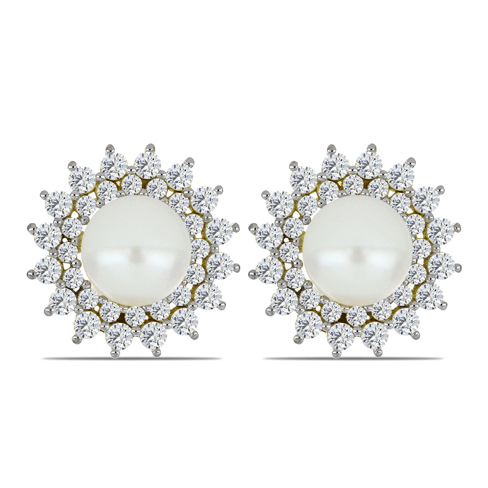 Pendientes de Plata Bañada en Oro con Perla blanca de agua dulce y Topacio Blanco 1 