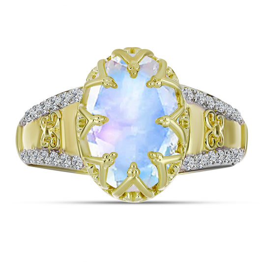 Anillo de Plata Bañada en Oro con Piedra Lunar Arco Iris y Topacio Blanco