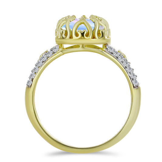 Anillo de Plata Bañada en Oro con Piedra Lunar Arco Iris y Topacio Blanco