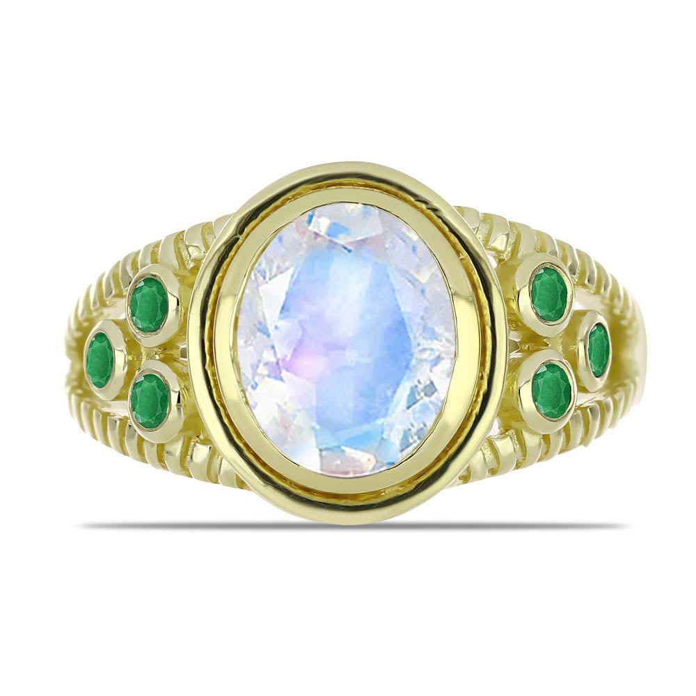 Anillo de Plata Bañada en Oro con Piedra Lunar Arco Iris y Esmeralda de Brasil 1 