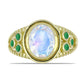 Anillo de Plata Bañada en Oro con Piedra Lunar Arco Iris y Esmeralda de Brasil