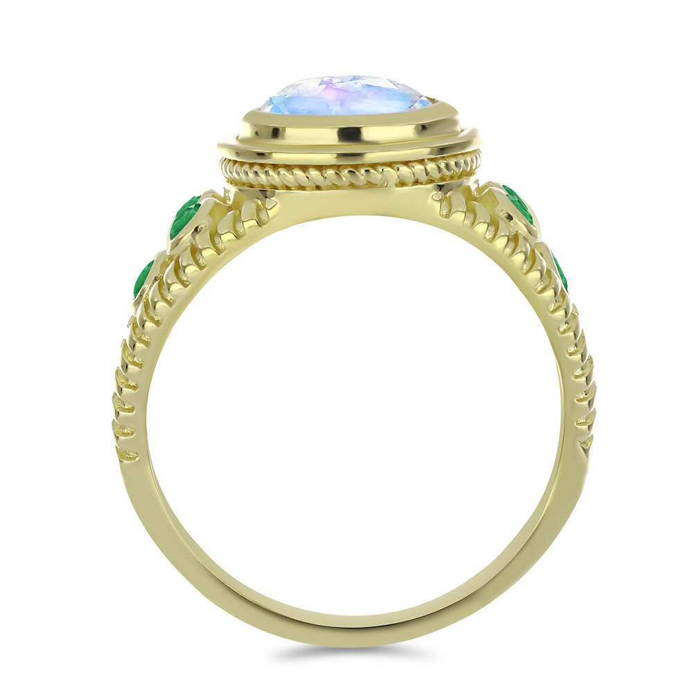 Anillo de Plata Bañada en Oro con Piedra Lunar Arco Iris y Esmeralda de Brasil 2 