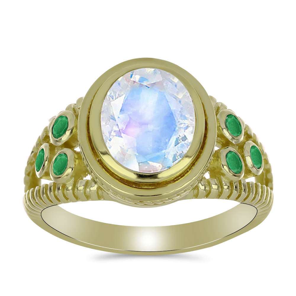 Anillo de Plata Bañada en Oro con Piedra Lunar Arco Iris y Esmeralda de Brasil 3 