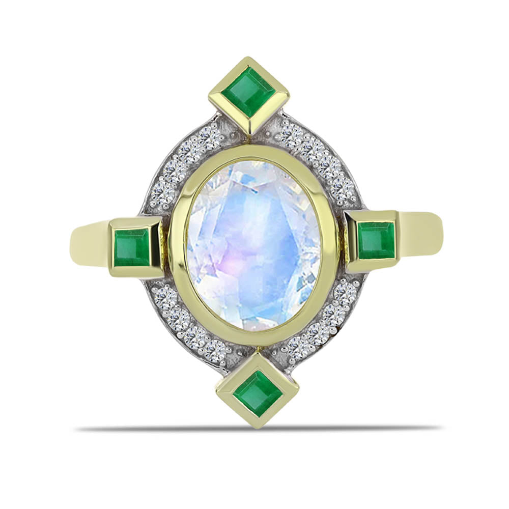 Anillo de Plata Bañada en Oro con Piedra Lunar Arco Iris y Esmeralda de Brasil 1 