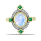 Anillo de Plata Bañada en Oro con Piedra Lunar Arco Iris y Esmeralda de Brasil