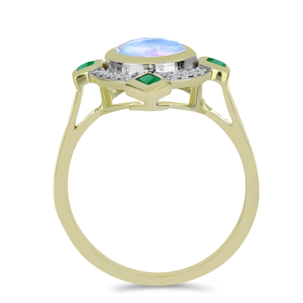 Anillo de Plata Bañada en Oro con Piedra Lunar Arco Iris y Esmeralda de Brasil 2 