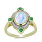 Anillo de Plata Bañada en Oro con Piedra Lunar Arco Iris y Esmeralda de Brasil