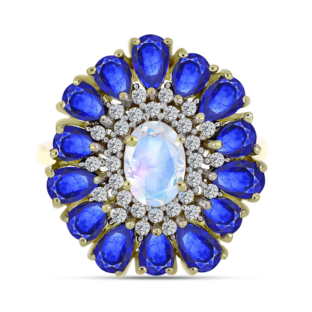 Anillo de Plata Bañada en Oro con Piedra Lunar Arco Iris y Zafiro Azul Australiano 1 