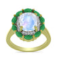 Anillo de Plata Bañada en Oro con Piedra Lunar Arco Iris y Esmeralda de Brasil