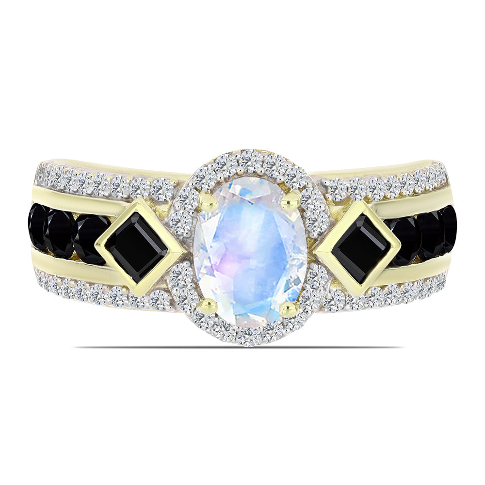 Anillo de Plata Bañada en Oro con Piedra Lunar Arco Iris y Espinela Negra 1 