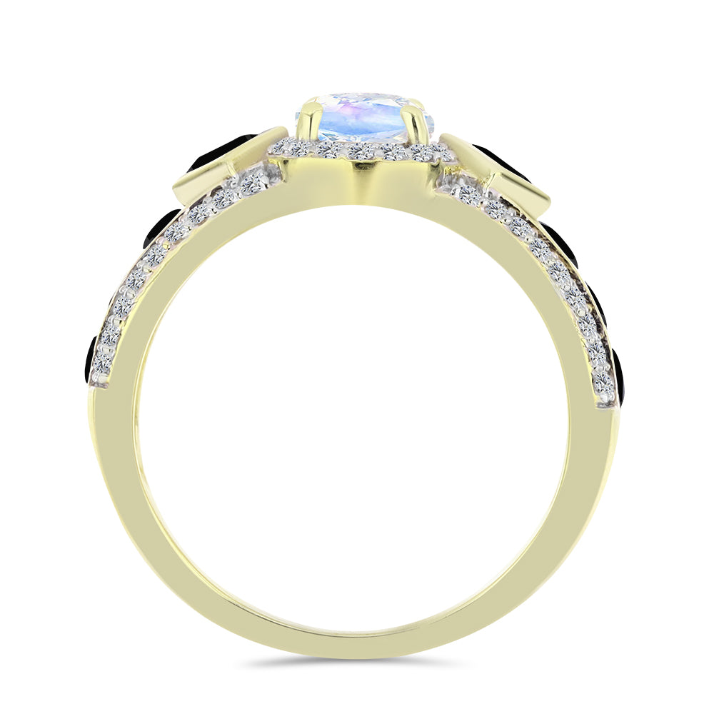 Anillo de Plata Bañada en Oro con Piedra Lunar Arco Iris y Espinela Negra 2 