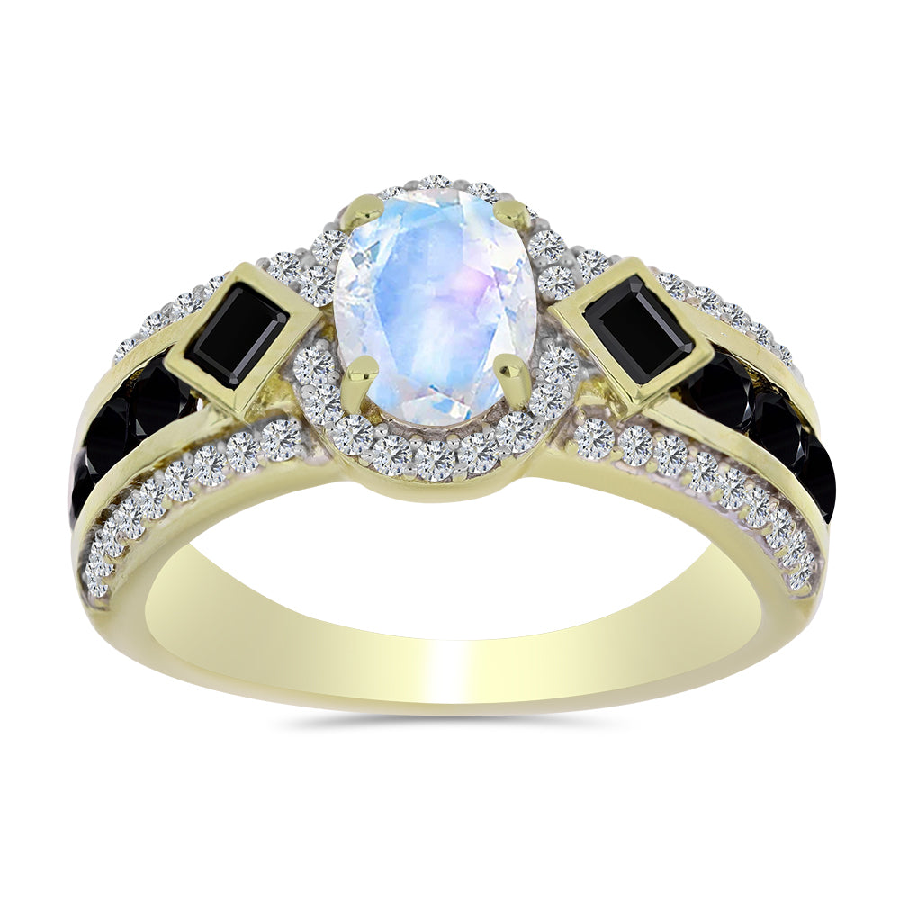 Anillo de Plata Bañada en Oro con Piedra Lunar Arco Iris y Espinela Negra 3 