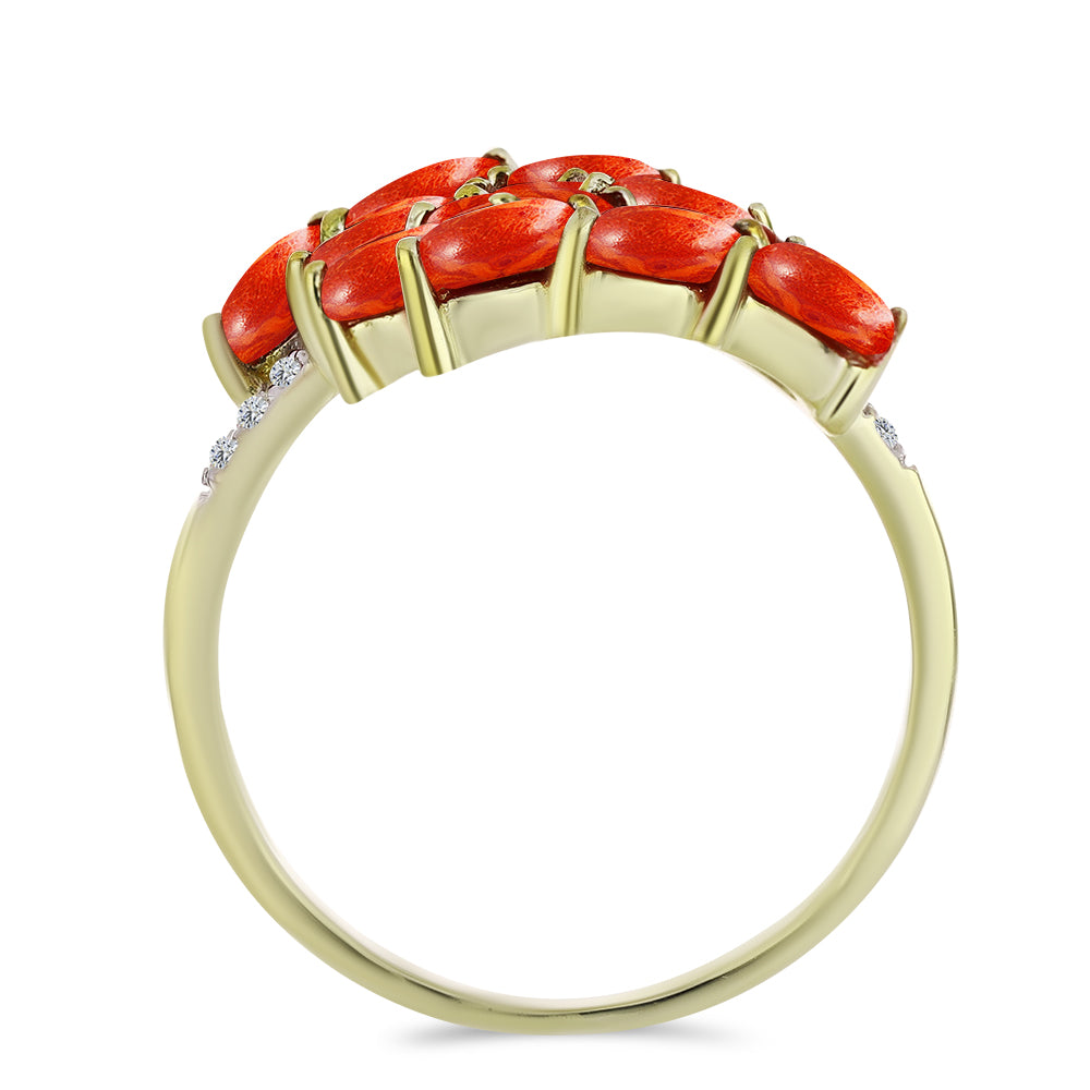 Anillo de Plata Bañada en Oro con Coral de Esponja Roja y Topacio Blanco