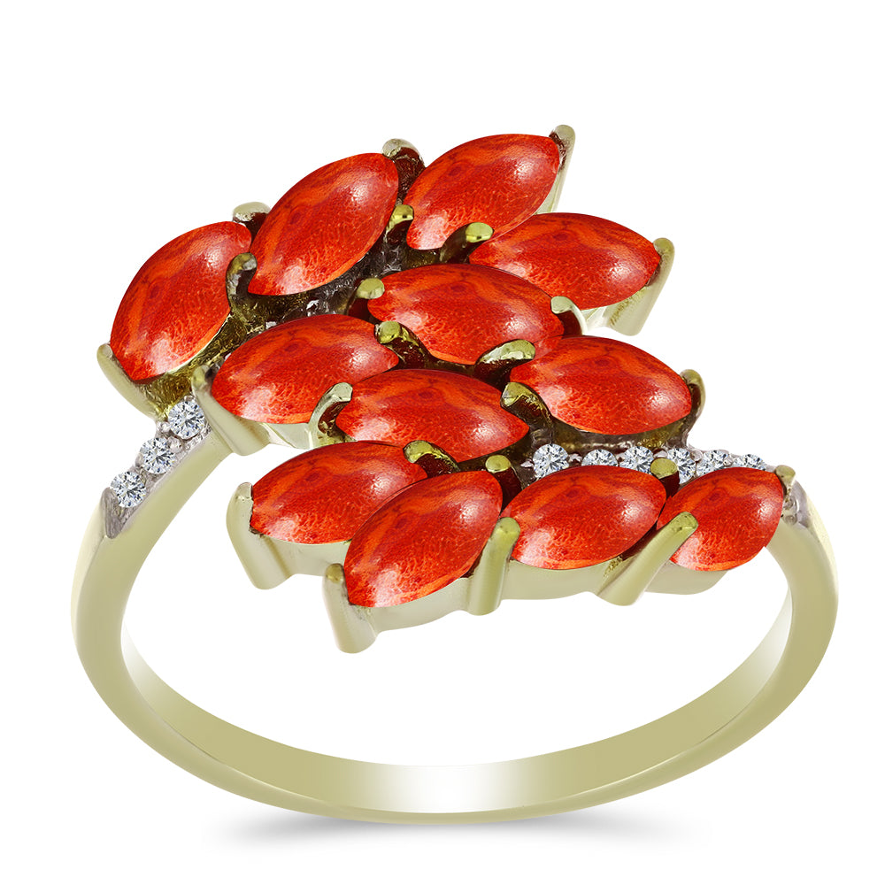 Anillo de Plata Bañada en Oro con Coral de Esponja Roja y Topacio Blanco