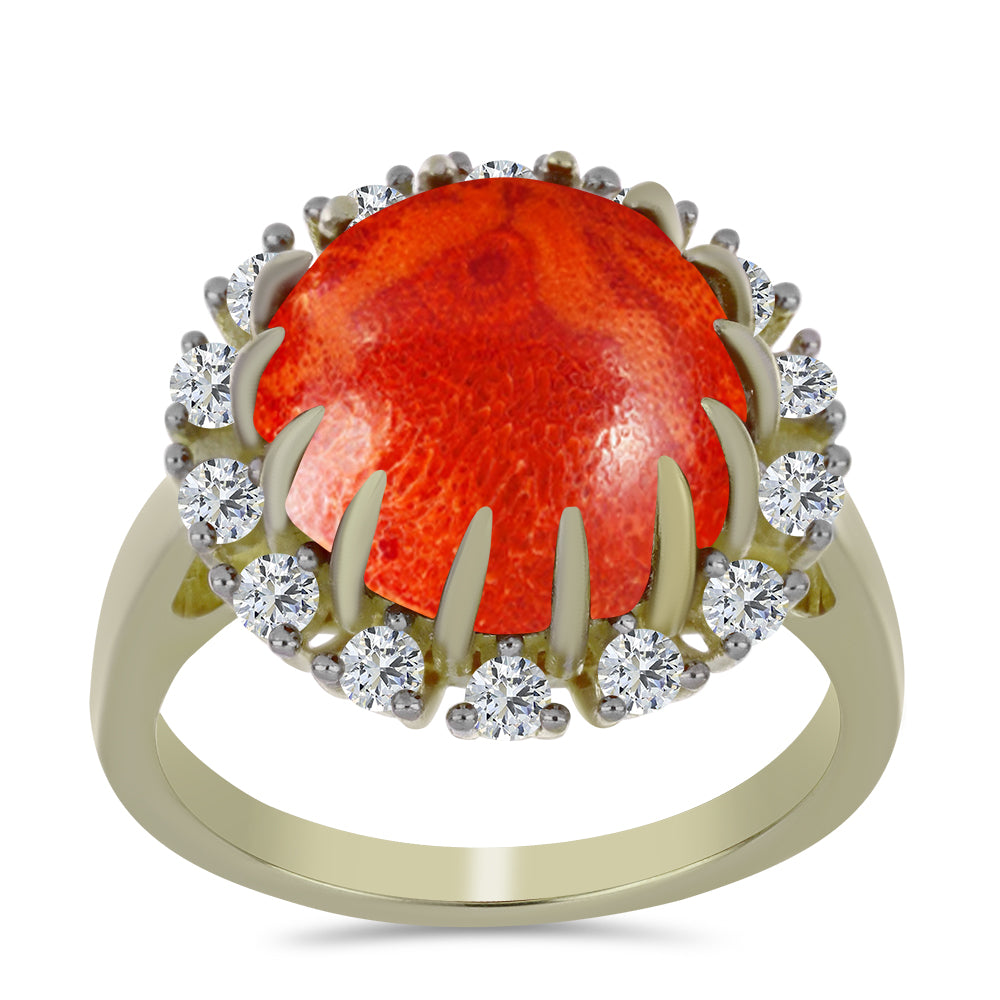 Anillo de Plata Bañada en Oro con Coral de Esponja Roja y Topacio Blanco 3 