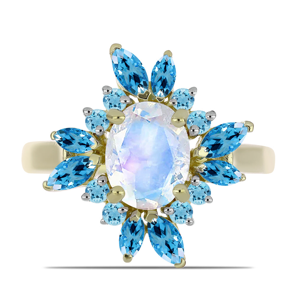 Anillo de Plata Bañada en Oro con Piedra Lunar Arco Iris y Topacio Azul Suizo 1 