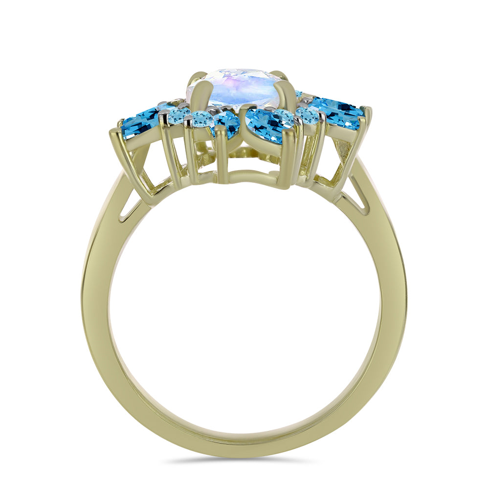 Anillo de Plata Bañada en Oro con Piedra Lunar Arco Iris y Topacio Azul Suizo 2 