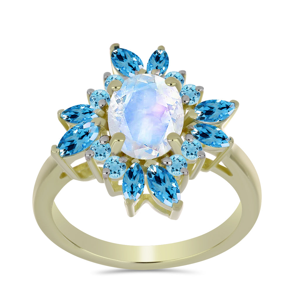 Anillo de Plata Bañada en Oro con Piedra Lunar Arco Iris y Topacio Azul Suizo 3 