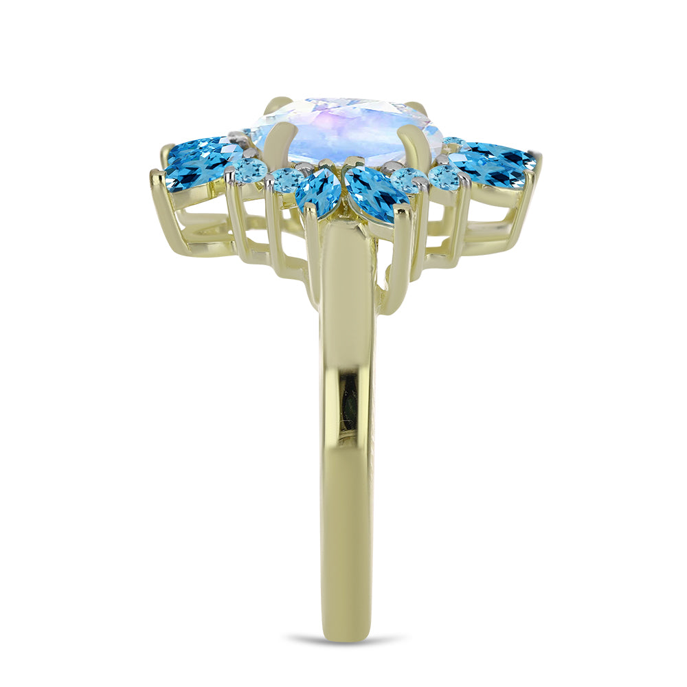 Anillo de Plata Bañada en Oro con Piedra Lunar Arco Iris y Topacio Azul Suizo 4 