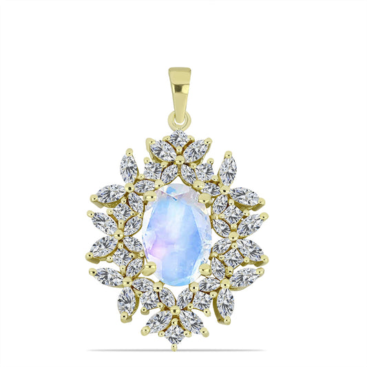 Colgante de Plata Bañada en Oro con Piedra Lunar Arco Iris y Zircón Blanco