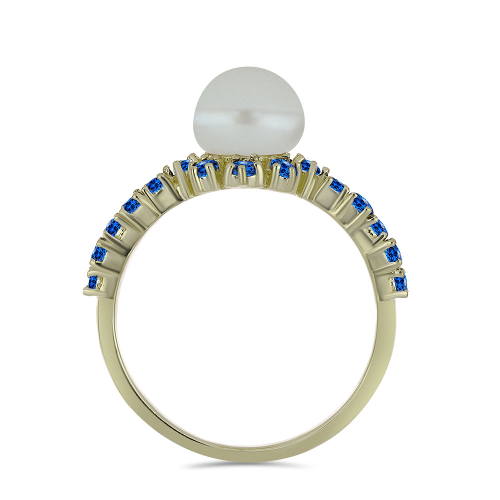 Anillo de Plata Bañada en Oro con Perla blanca de agua dulce y Zafiro Azul Australiano