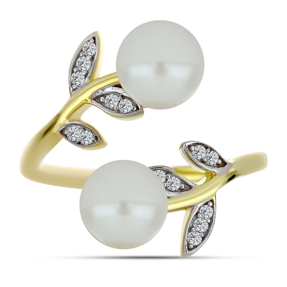 Anillo de Plata Bañada en Oro con Perla blanca de agua dulce y Topacio Blanco 1 