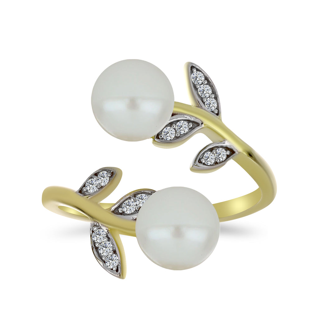 Anillo de Plata Bañada en Oro con Perla blanca de agua dulce y Topacio Blanco 3 