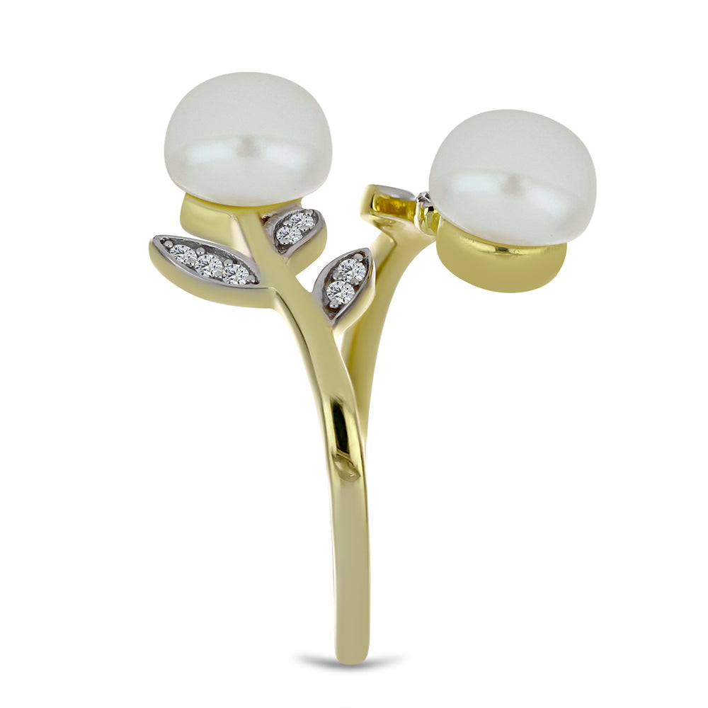 Anillo de Plata Bañada en Oro con Perla blanca de agua dulce y Topacio Blanco 4 