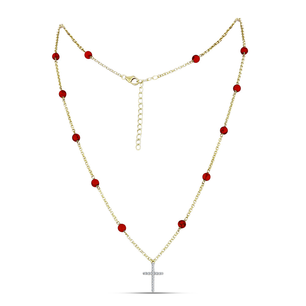 Collar de Plata Bañada en Oro con Coral de Esponja Roja y Topacio Blanco 1 
