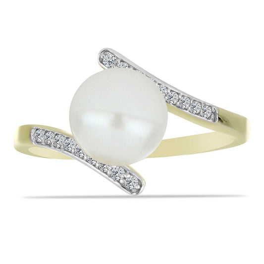 Anillo de Plata Bañada en Oro con Perla blanca de agua dulce y Topacio Blanco