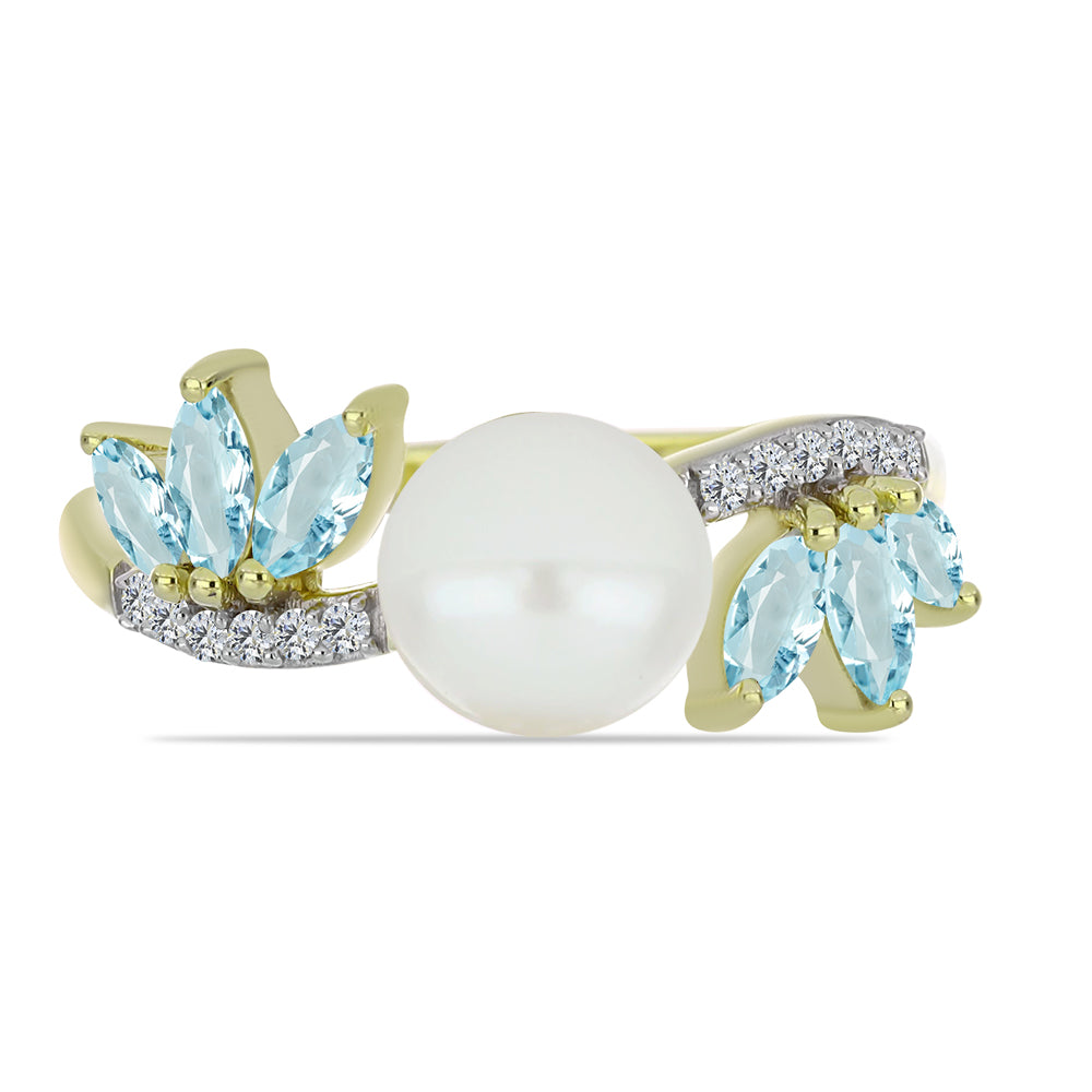 Anillo de Plata Bañada en Oro con Perla blanca de agua dulce y Aguamarina 1 