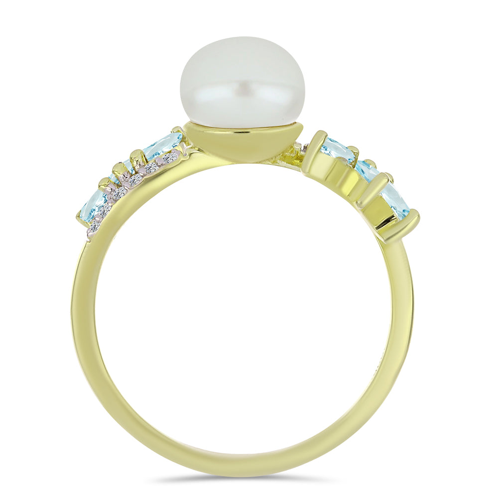 Anillo de Plata Bañada en Oro con Perla blanca de agua dulce y Aguamarina 2 